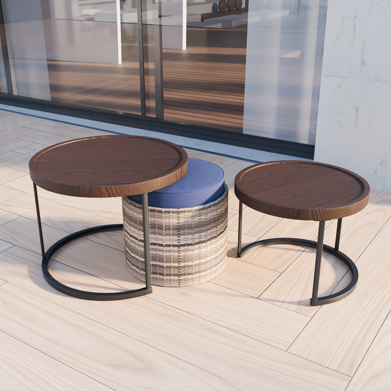 Set of 3 Wood Grain Top Nesting Round Metal Frame Coffee Table, Round Brown Wicker Ottomans with Cushion