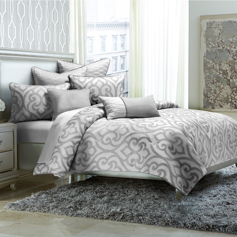 Canterbury Comforter Set - Silver, Queen Comforter + 4 Shams + 2 Pillows