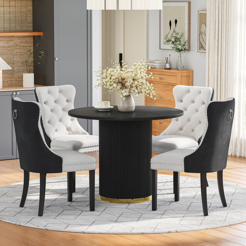 Modern Round Dining Table Set With Velvet Upholstered Chairs — Contemporary Dining Furniture, White