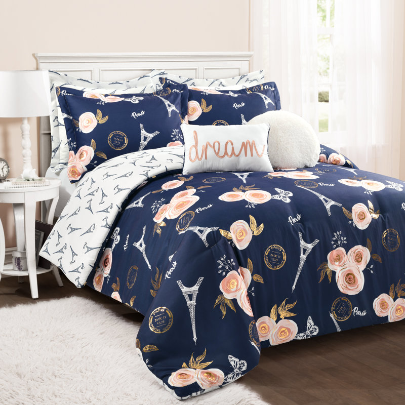 Vintage Paris Rose Butterfly Script Microfiber Reversible 7 Piece Comforter Set, Navy, King