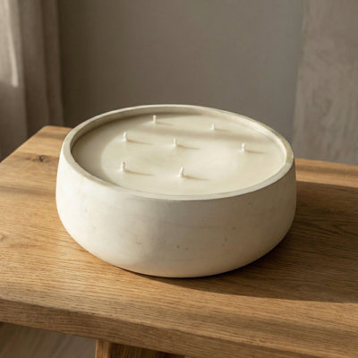 Extra Large Soy Wax Candle in a Handcrafted White Concrete Vessel, Horizontal Multi-Wick Design, 6.7 inches Diameter