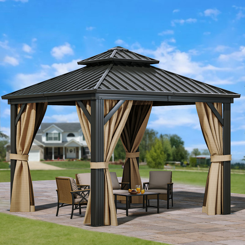Pavillon de jardin en aluminium à toit double avec toit rigide, 10 pi x 10 pi, Brun