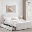 Lit plateforme à 2 tiroirs avec grand lit tapissier ivoire, tête de lit capitonnée surpiquée, support de matelas à lattes en bois, aucun sommier nécessaire