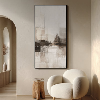 Très grande reproduction d'art sur toile - Paysage abstrait minimaliste avec blocs neutres superposés et horizon urbain pour le salon ou la chambre à coucher - «Assemblage requis du cadre (cadre non fini)»