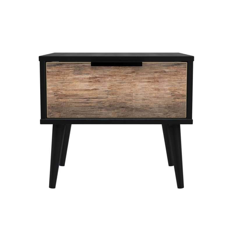Fully Assembled Hong Kong - Black Wood (B) 1 Drawer Bedside, Vintage Oak / Black