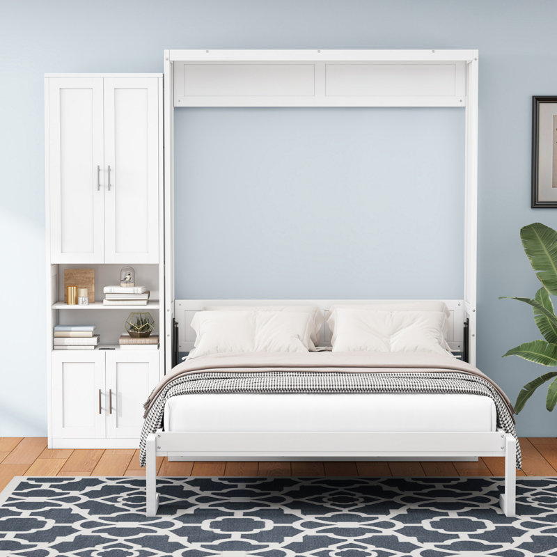 Full Size Murphy Bed With 2 Side Cabinet Storage Shelves, 61.5-Inch Cabinet Bed Folding Wall Bed With Desk Combo Perfect For Guest Room, Study, Office,White(Old Sku:BS7013008109C) (Cabinet)