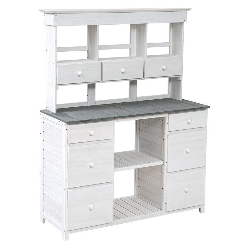 Table de jardin en pot, design rustique et élégant avec plusieurs tiroirs et tablettes pour le rangement, Blanc / Gris