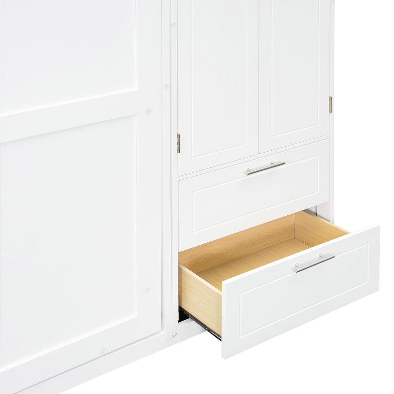 Grand lit mural peu encombrant, avec trois armoires suspendues, une armoire latérale et un lit confortable pour dormir en blanc, tiroirs de rangement, support de matelas