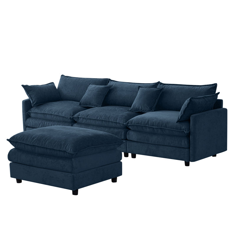 105" Modular Sectional Couch,Upholstered Soft Chenille Fabric Sofa,3 Seater With Ottoman L Shape Sofa, Blue Chenille