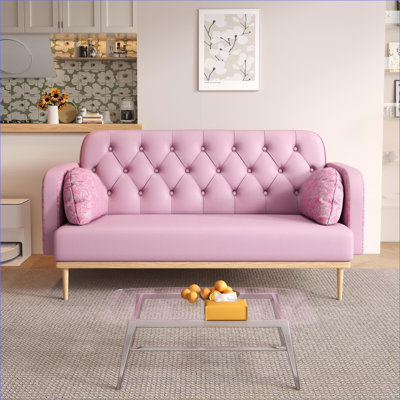 Canapés-lits | Causeuse moderne en polyuréthane 2 places, motif tulipe avec 2 coussins décoratifs, pour petit dortoir | Rose clair | Bois massif