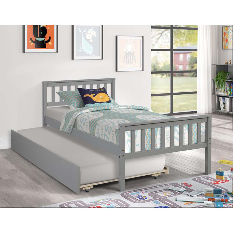 Twin Bed with Trundle, Platform Bed Frame with Headboard and Footboard, No Box Spring Needed,Grey