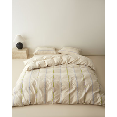 Faith Cotton Linen Striped Green Duvet Cover Set King-Top Grade & Natural
