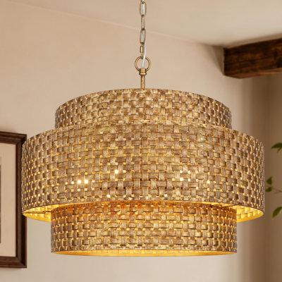 Lustre de tambour à 6 lumières à intensité variable avec abat-jour en métal tissé doré à 3 niveaux
