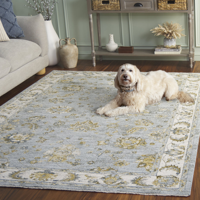 Tapis oriental en polyester fabriqué à la machine en bleu / or, Rectangle 5 pi 3 po x 7 pi 6 po
