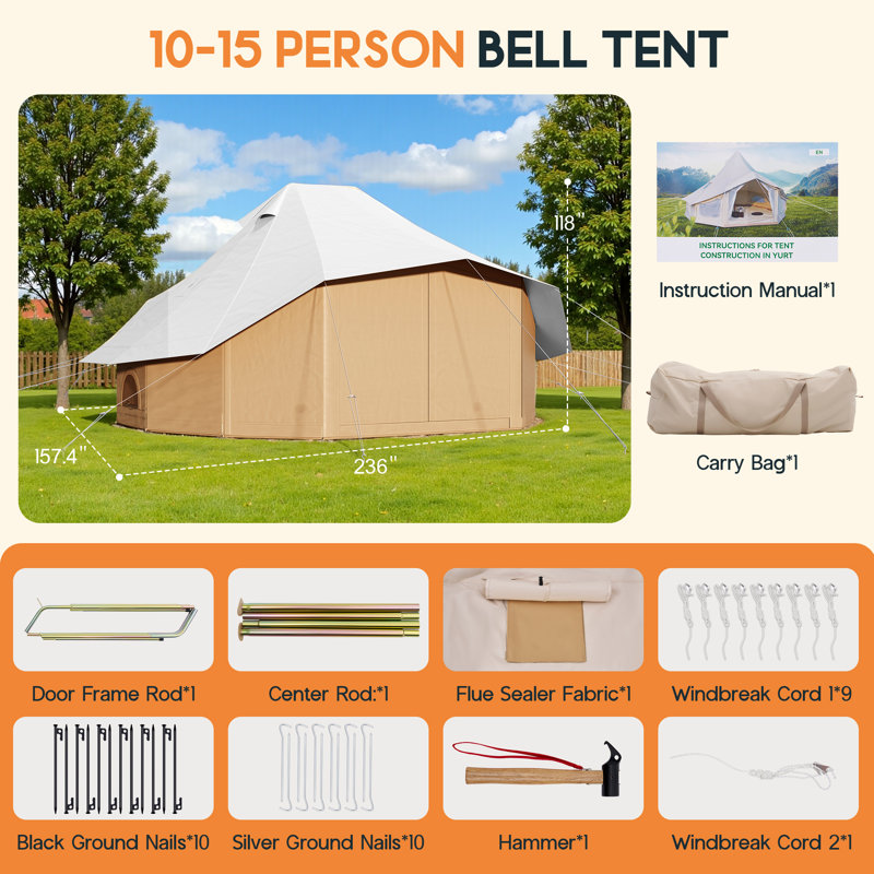 4-Season Canvas Bell Yurt Tent for Camping – Large Inflatable Cabin with Easy-Setup Pump, Waterproof Oxford Fabric, Stove Jack, Mesh Vents & Skylight – Ideal for Family, Glamping, Outdoor & Emergency Shelter