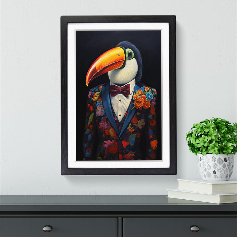 Toucan In A Suit - Single Picture Frame Print on Wood, 46cm H x 34cm W x 2cm D, Black Framed