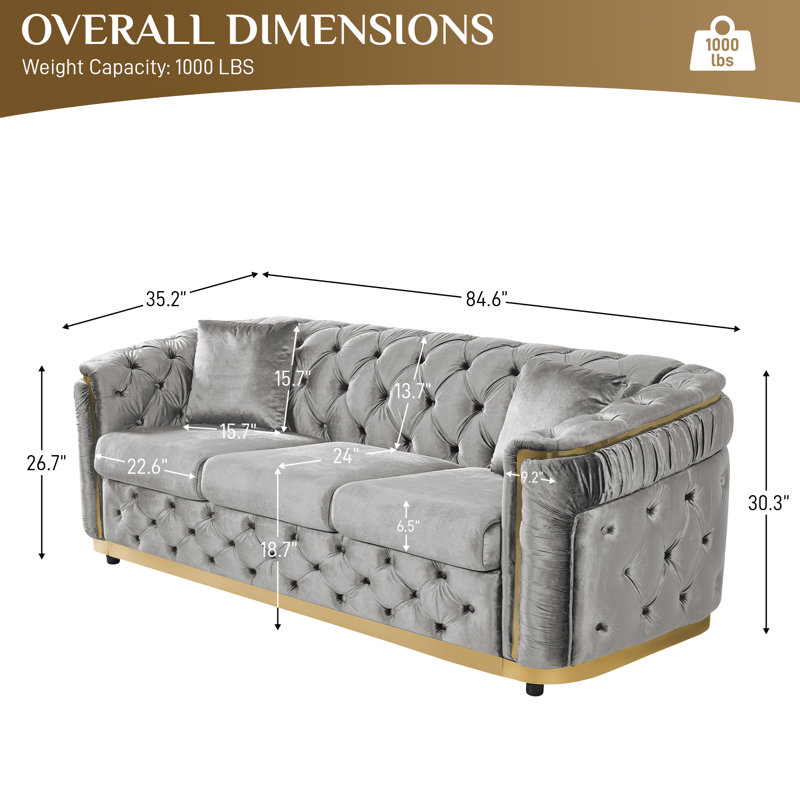  Canapé 85 po en velours Chesterfield, Gris / Or