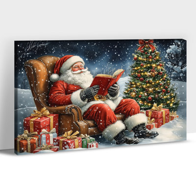 Art mural sur toile GUTTATY Christmas, fête du Père Noël lisant dans un fauteuil, décoration murale arbre vacances d'hiver, nuit de neige, impressions de photos de Noël pour le salon, espace familial, 36 po x 48 po