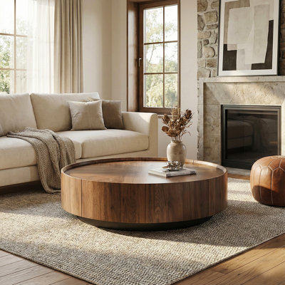 Table basse ronde en noyer avec 2 tiroirs de rangement cachés pour le salon ou le bureau personnel