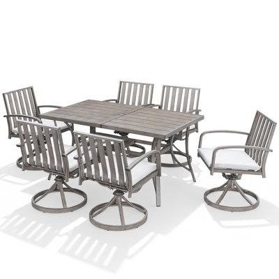 Seehill Limed Oak Outdoor Dining Set, Aluminum Swivel Patio Dining Set With Cushions, Swivel Chairs And Patio Table, Outdoor Furniture Set With Umbrella Hole For Deck, Garden, Backyard