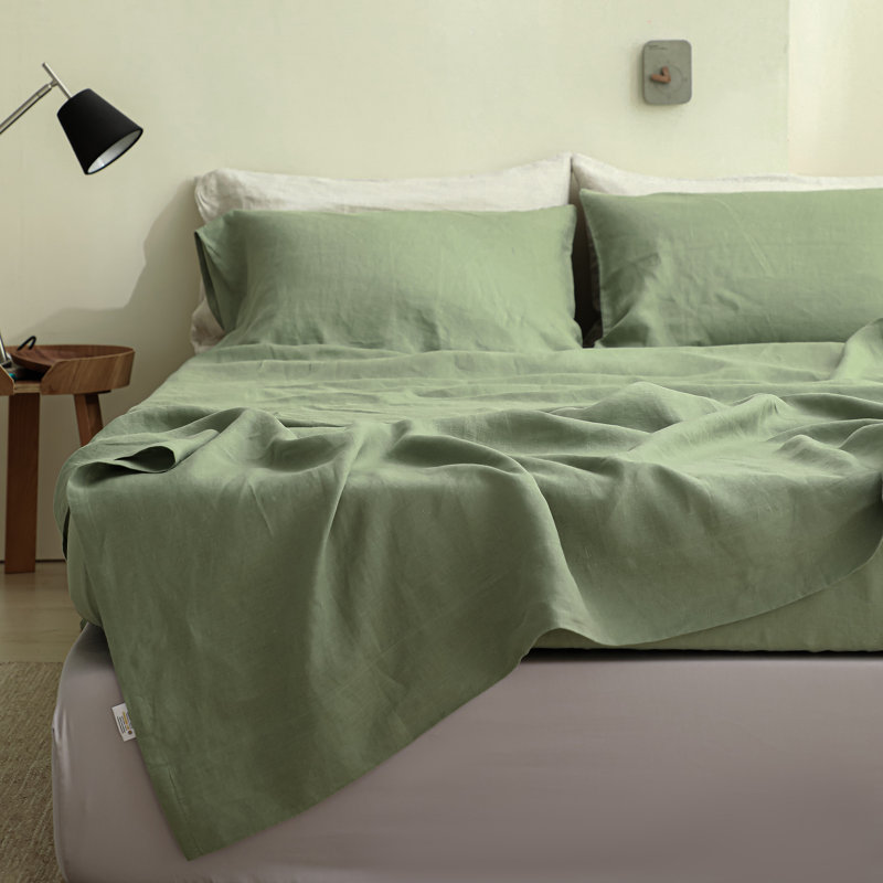 100% Linen Sheets Set, Queen Sheet Set with 2 Pillowcases, Green