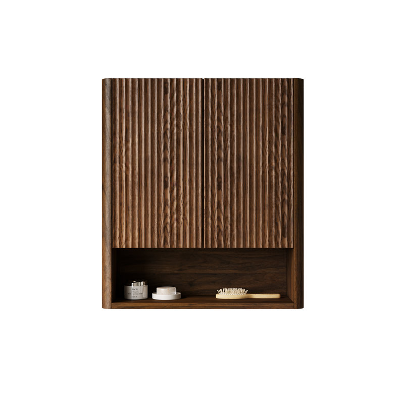 26" Wall-Mounted Striped Bathroom Cabinet with Doors & Open Shelf, Dark Walnut