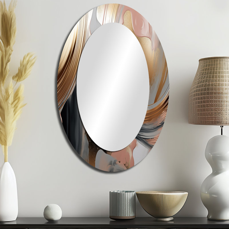 Abstract Golden And Pink Infinity Circles VII - Abstract Oval Decorative Mirror On Metal, 36" x 24"