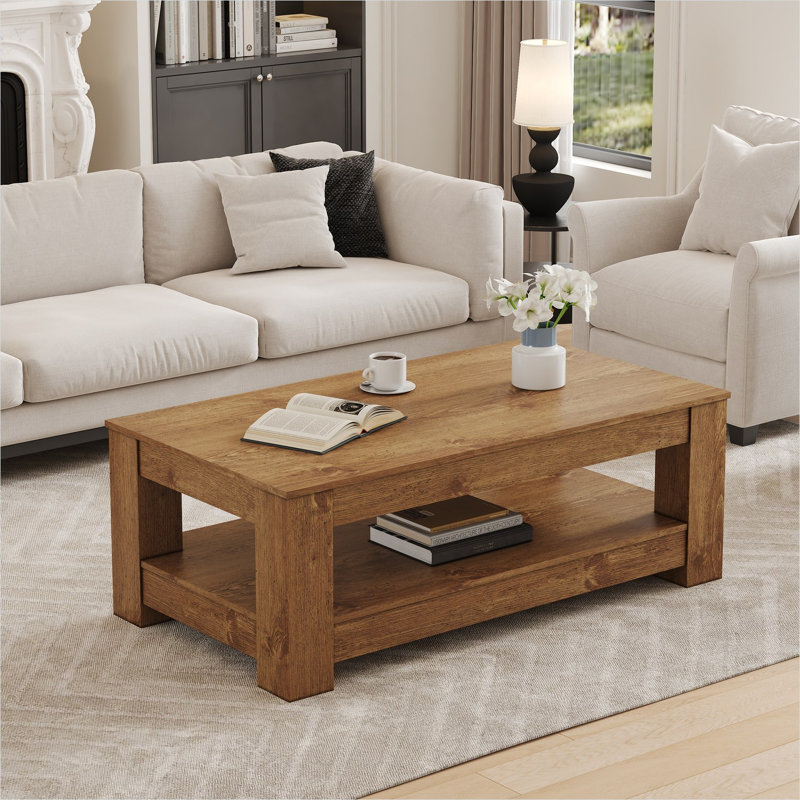 Table basse rectangulaire à 6 places à double couche avec tablettes de rangement, bois aggloméré