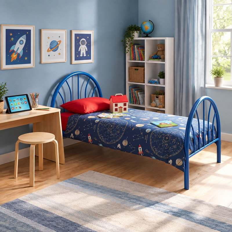 Lit plateforme double robuste en métal avec lattes de soutien et baignoire de rangement sous le lit, Blue