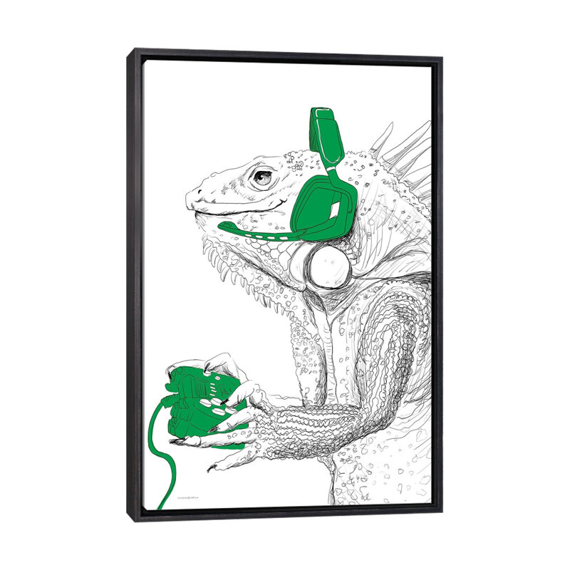 «I-guana Game All Day», reproduction d'art sur toile encadrée, 26 po x 18 po, Toile avec cadre, Noir patiné