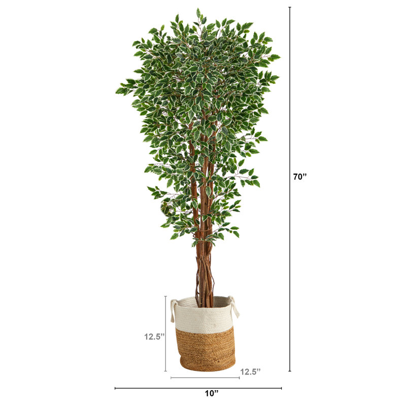 70 po Arbre artificiel ficus panaché en jute de coton naturel fabriqué à la main et résistant aux rayons UV (intérieur / extérieur)