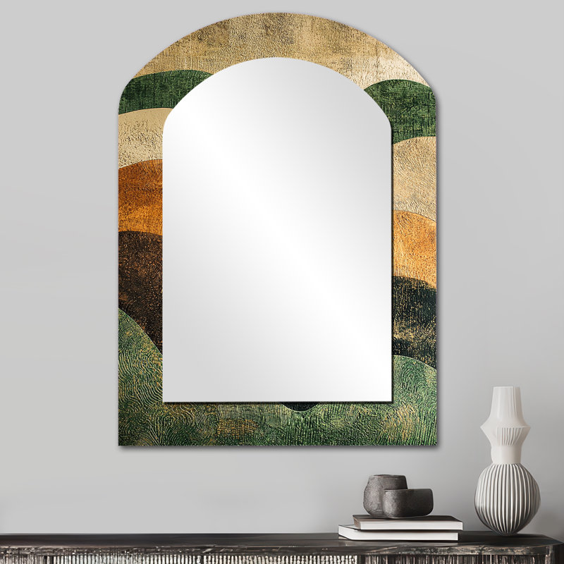 «Green Ploughed Earth Abstract Landscape II - Farm La Arch Mirror», miroir mural décoratif asymétrique vert, impression sur métal