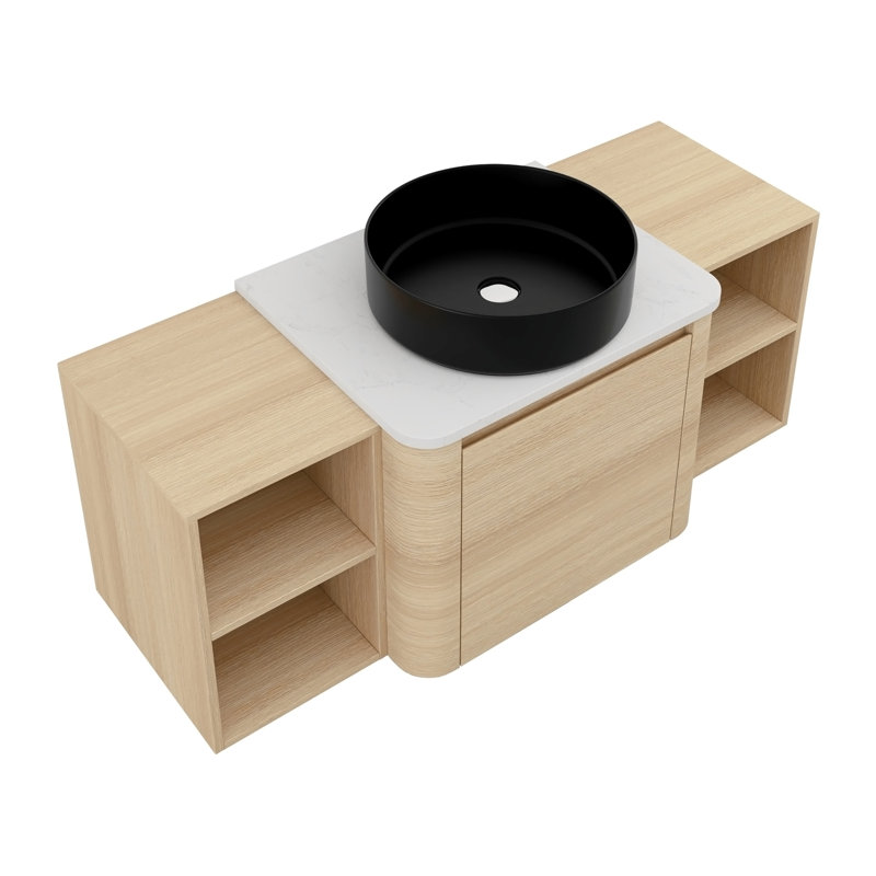 54-Inch Wall-Mounted Bathroom Vanity with Ceramic Art Sink, 2-Storage Shelves, and Soft-Close Doors, Space-Saving and Stylish