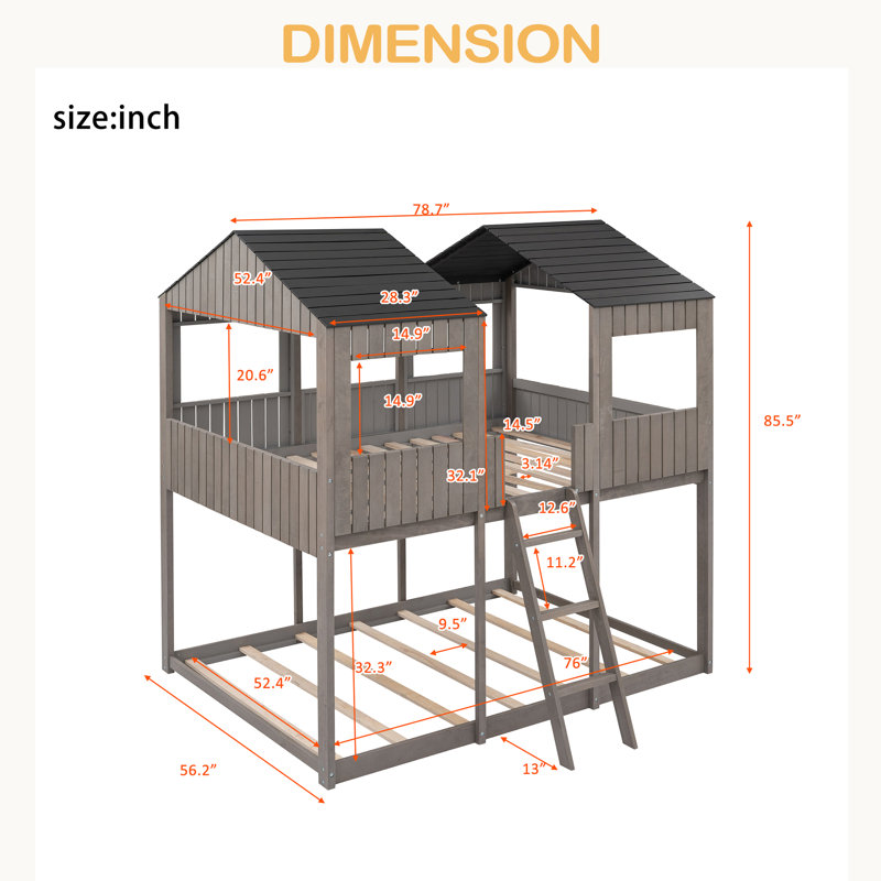 Full Over Full Woodbunk Bed With Roof, Window, Guardrail, Ladder, Antique Gray