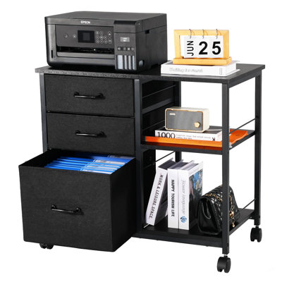 Classeur mobile en métal avec 3 tiroirs en tissu et 2 tablettes ouvertes noires