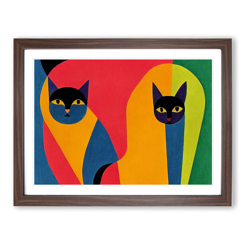 Two Abstract Cats Vol.7 - Framed Print, 34cm H x 46cm W x 2cm D, Walnut