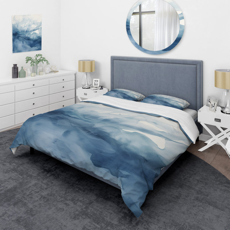 «Blue and White Dancing Watercolor Clouds» - Ensemble de housse de couette abstrait - Microfibre de polyester