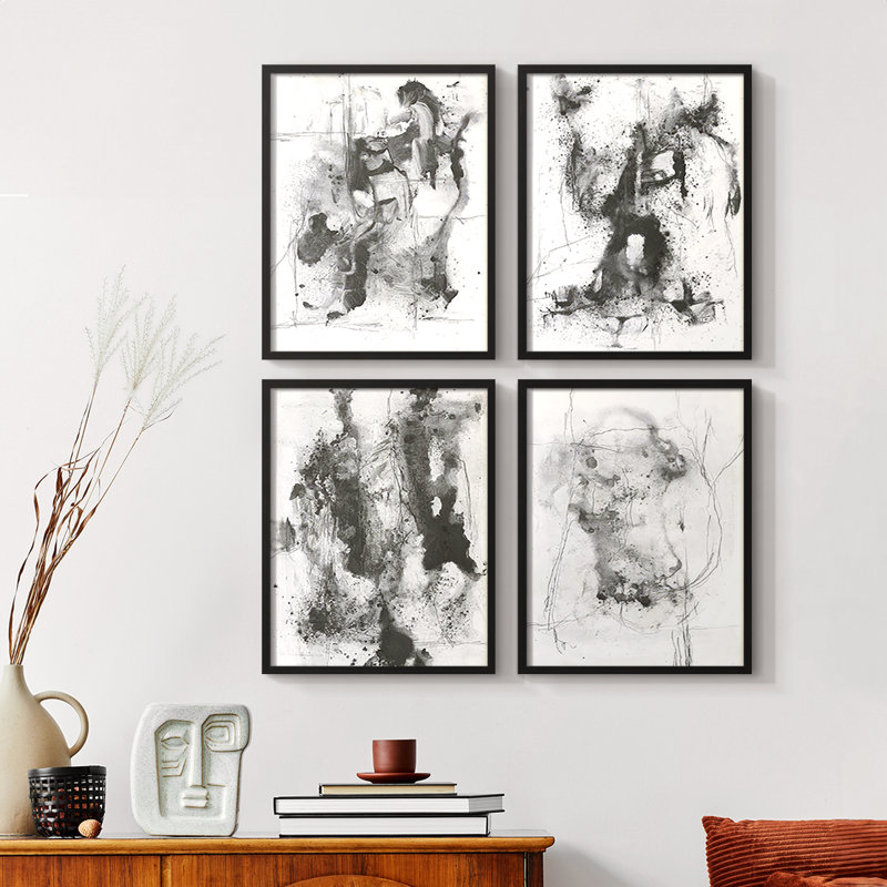 Graphite abstrait I, reproduction encadrée - ensemble de 4, Noir, H 10 po x l 8 po