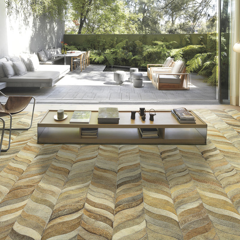 Tapis en cuir de vache fait à la main Ceres, Taupe/Brown/Grey/Ivory, Rectangle 10 pi x 14 pi
