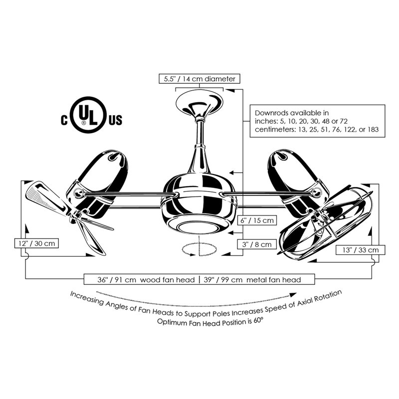 36" Duplo-Dinamico 6 Blade Ceiling Fan, Polished Chrome, 39" Wide