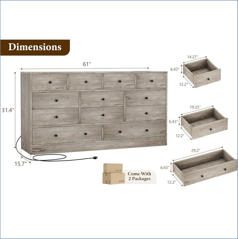 Commode à 61 tiroirs pour chambre à coucher, commode à 12 tiroirs et commodes, commode de rangement en bois avec prise de courant