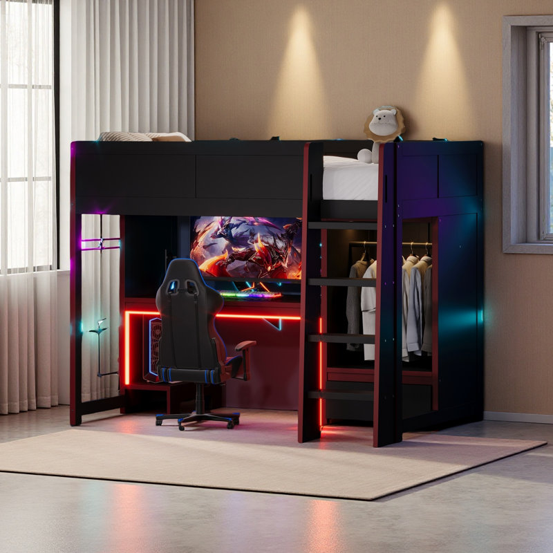 Lit mezzanine en bois avec bureau intégré, garde-robe, DEL et tiroir, noir, Lit simple