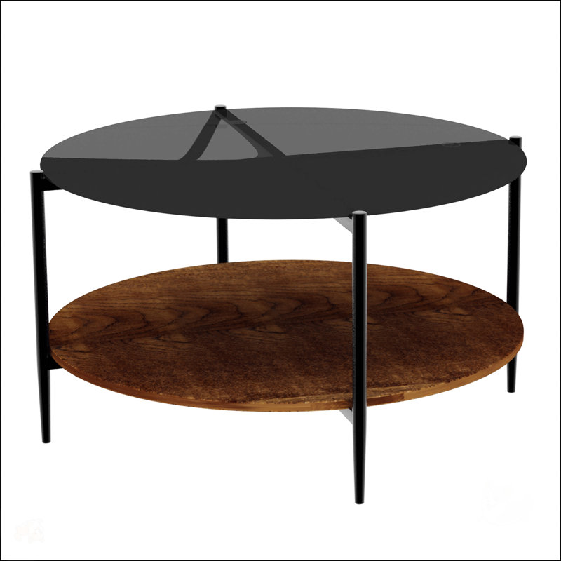 Table basse Mid-Century moderne avec plateau en verre et tablette de rangement en bois, structure en métal noir, conception ronde, peu encombrante, 32,28 pouces