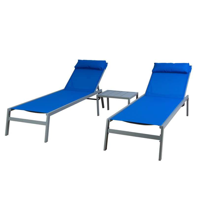 Blue Adjustable Wrought Iron Outdoor Chaise Lounge Set with Table