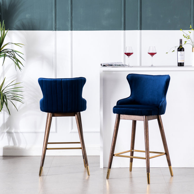 2 Bar Stools In Blue - Velvet-Like Fabric Upholstery, Thick Foam , Mid-Century Wingback Style, Solid Rubberwood Legs, Walnut Finish, 28.3"H Seat  2   Dense Padded, Covered, Inspired, Tapered Finish