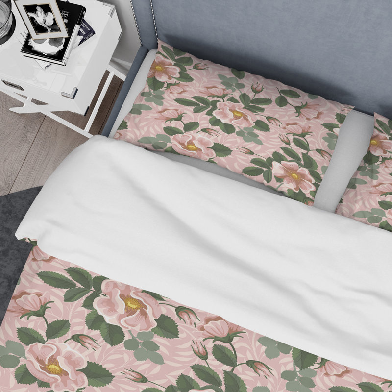 Floral rose et feuille verte - ensemble de housse de couette floral - polyester microfibre