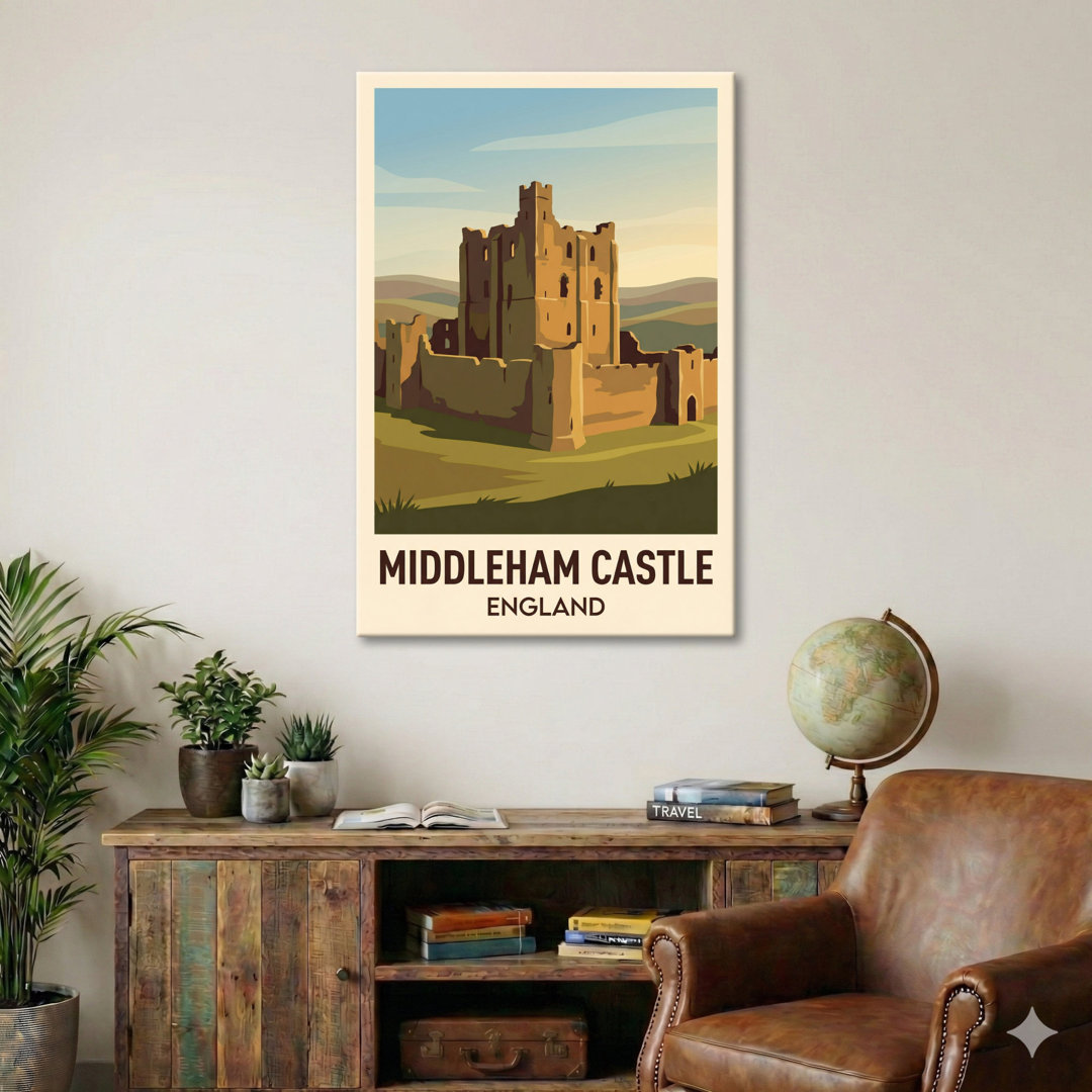Middleham Castle, England - Vintage Travel Poster of Sunlit Yorkshire Castle Ruins. Giclee Print on Wrapped Canvas. Wall Art, Home Decor - Castles & P