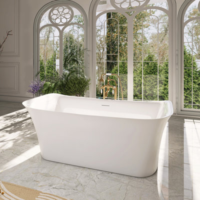 NURCOLIN 67"  x 31.5" Freestanding Acrylic Soaking Bathtub with Sloped Backrest, Double Slipper, Deep Oval Design