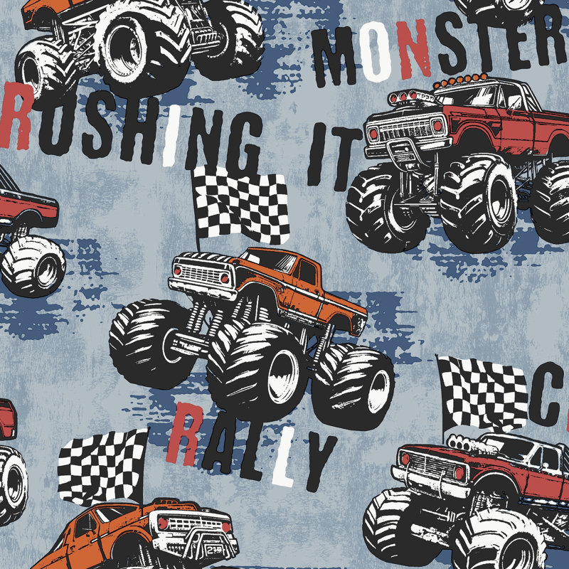 Kids and Teens Collection Glitter Monster Trucks Wallpaper Roll, Blue