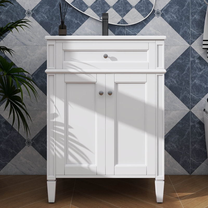 Meuble-lavabo 24 po avec lavabo, unité de rangement moderne avec 2 portes à fermeture en douceur et tiroir escamotable, Blanc
